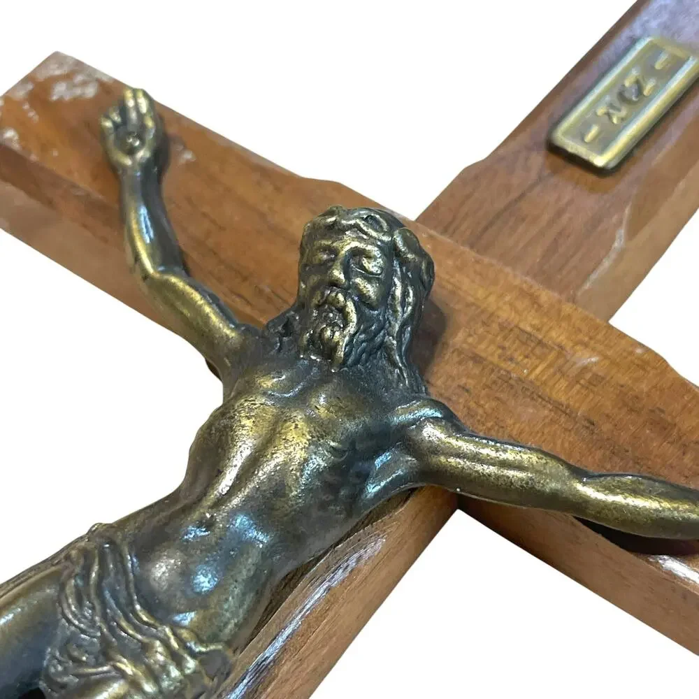 Vintage Wood Wall Crucifix Brass Corpus Jesus Cross INRI 10